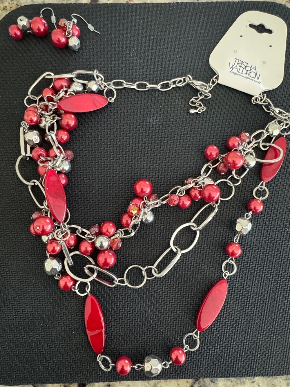 Red Multi-Strand Beaded Necklace & Earrings Set